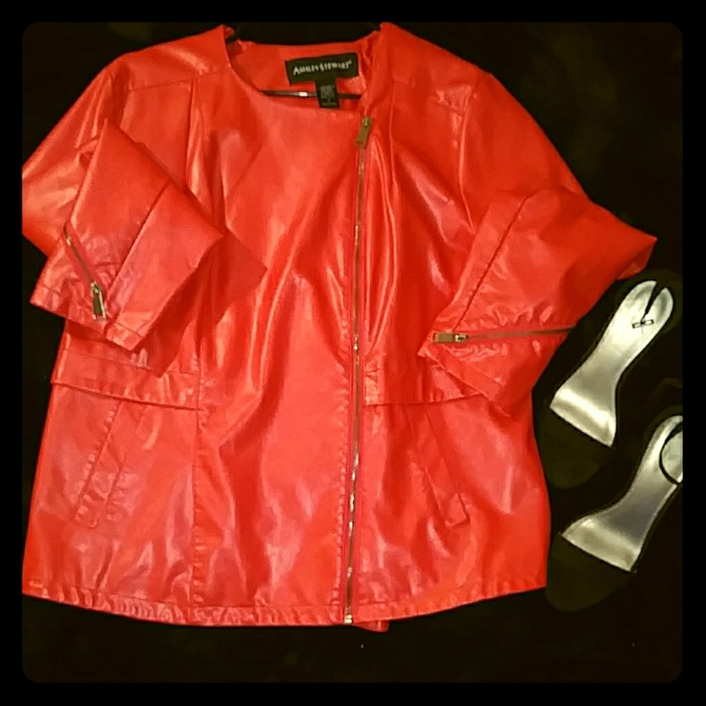 Ashley Stewart red faux leather Moto jacket Sz16